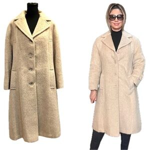 Vintage Sears Llama cream beige button front midi coat fall winter retro 70’s